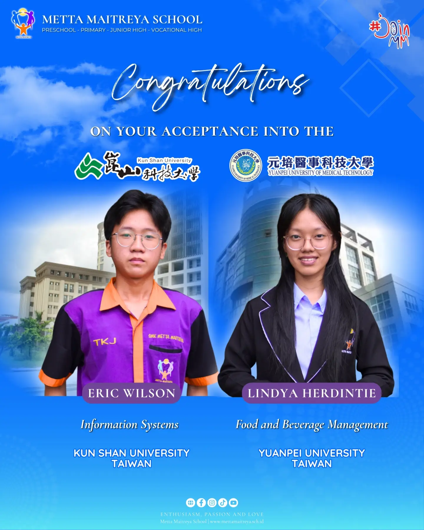 Congratulations to Eric Wilson and Lindy A. Herdintie on their wonderful achievements as they take the next step in their academic journeys in Taiwan