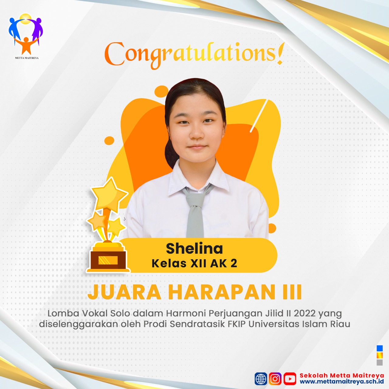 Prestasi Peserta Didik Lomba Vokal Solo dalam Harmoni Perjuangan Jilid II 2022 | SMK METTA MAITREYA