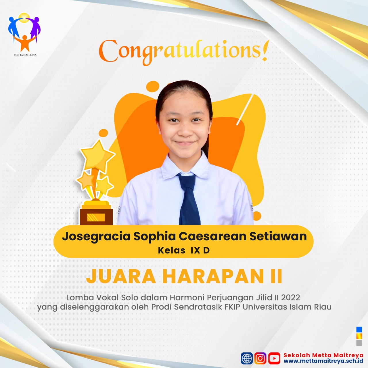 Prestasi Peserta Didik Lomba Vokal Solo dalam Harmoni Perjuangan Jilid II 2022 | SMP METTA MAITREYA